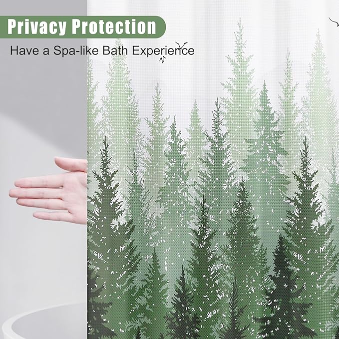 Hokibero Olivie Green Misty Forest Mountain Nature Tree Fabric Shower Curtains for Bathroom Waterproof Heavy Duty Green and White Woohitedland Shower Curtain Bathtubs Hotel, 72 x 84 inch