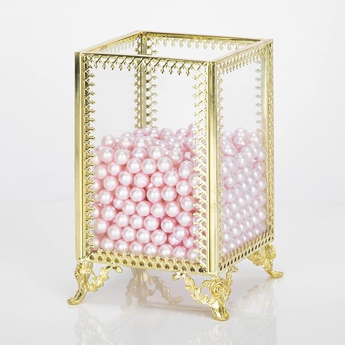 HKS Makeup Brush Holder Vintage Glass Handmade Organizer with Pink Pearls for Nail Brush, Vanity, Bathroom, Dresser, Countertop - Gold