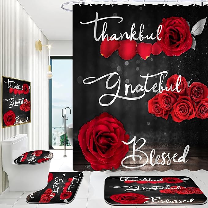 Onalasyc 4Pcs Red Rose Shower Curtain with Rugs Set Waterproof Bathroom Sets with Shower Curtain and Rugs Romantic Showy Red Rose Floral Inspirational Bathroom Curtains Shower Set with 12 pcs Hooks