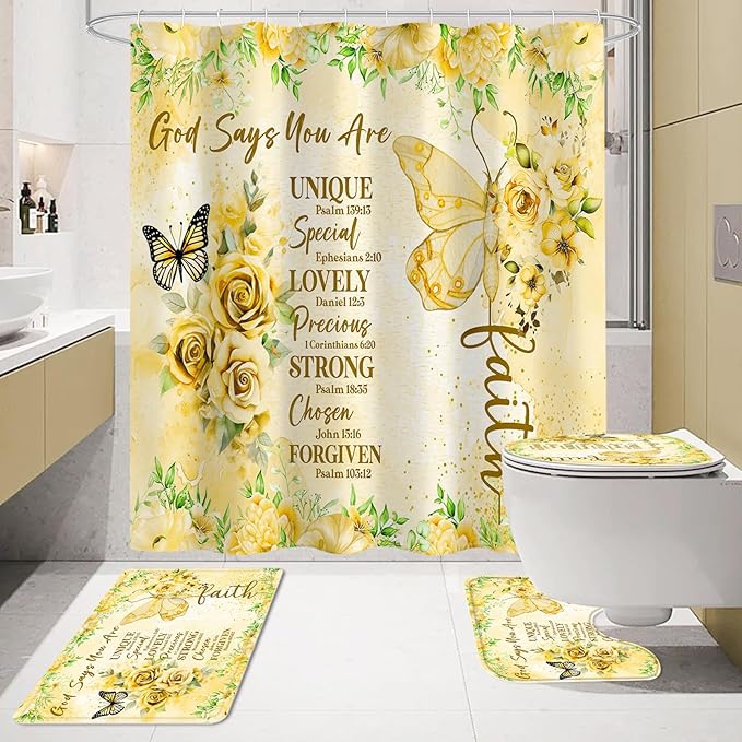 Litabel 4 Pcs Yellow Butterfly Inspirational Quotes Shower Curtain Set with Rugs and Toilet Lid Cover, Colorful Boho Waterproof Fabric Bathroom Set, Bible Verse Floral Bathroom Decor Set Accessories