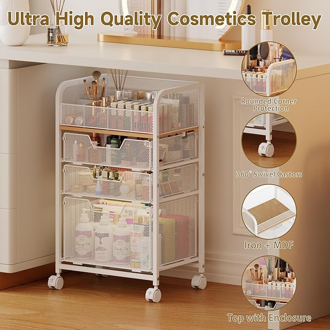 Makeup Cart Organizer with 3 Drawers, Under Desk Storage Drawers,Floor Skincare & Makeup Organizer, Vanity Storage for Cosmetics, Nail Polish, Perfume, Makeup Brushes, Hair Tools, White