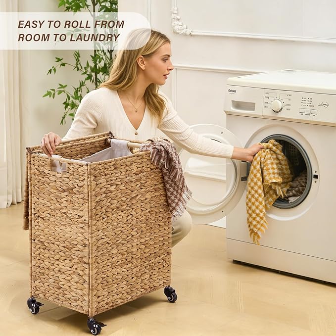 Hand-Woven Laundry Basket with Wheels, Natural Water Hyacinth Laundry Hamper with Lid, Removable & Machine-Washable Liner,Clothes Hamper for Bathroom and Laundry Room(90L,Natural)