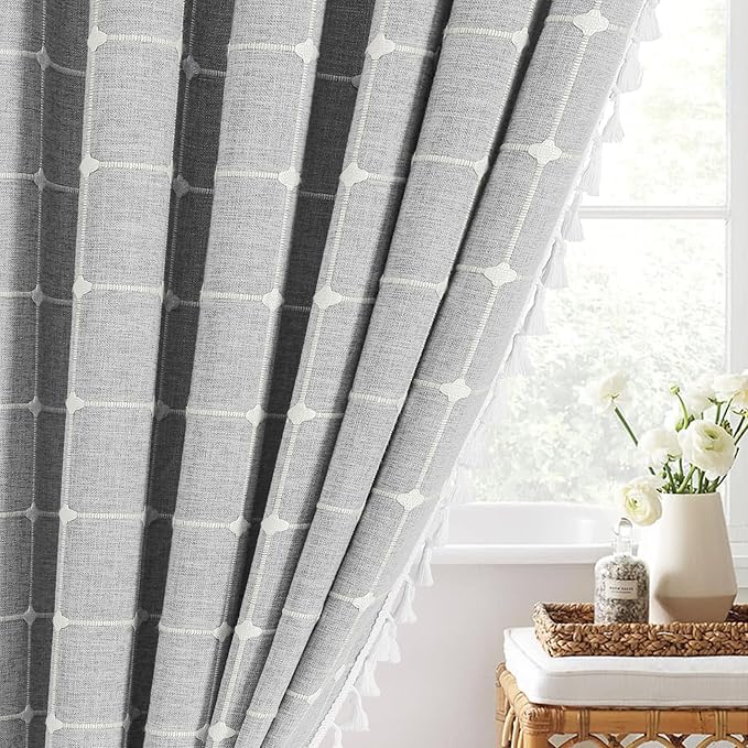 MitoVilla Grey Farmhouse Shower Curtain Set 72 x 78, Boho 78 inch Long Polyester Linen Tassel Fabric Shower Curtain Set for Chic Cottagecore French Rustic Bathroom Decor, Light Grey