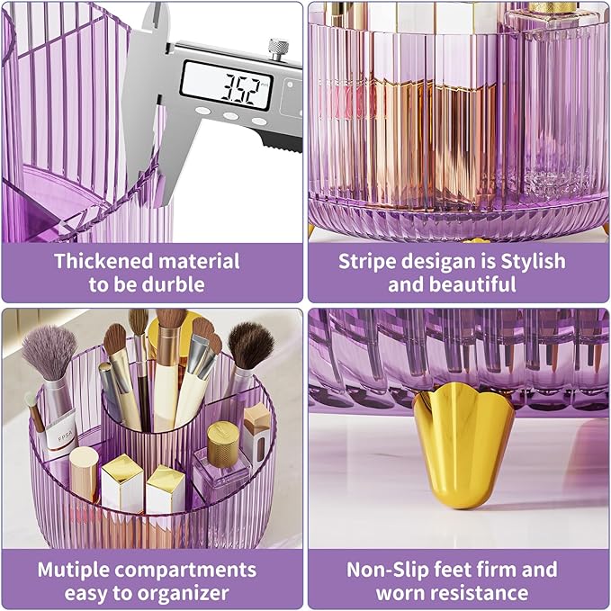 Clear Rotating Makeup Organizer Countertop for Vanity, 360?? Makeup Brush Holder Organizer with 5 Compartments, Transparent Cosmetic Storage for Lipstick, Skincare, Bathroom Counter(Transparent Purple)