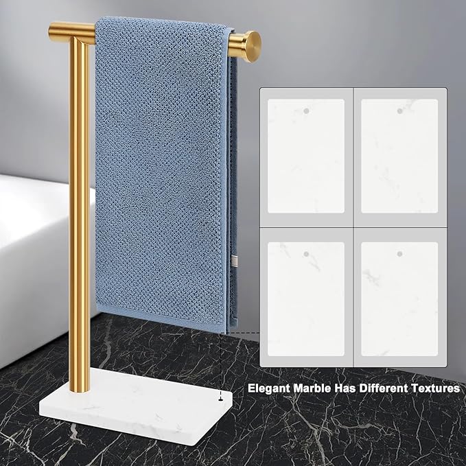 Hand Towel Holder, Hand Towel Stand for Bathroom with Marble Base, 304 Stainless Steel L Shape Hand Towel Rack Bar Standing for Vanity Kitchen Countertop, Brushed Gold