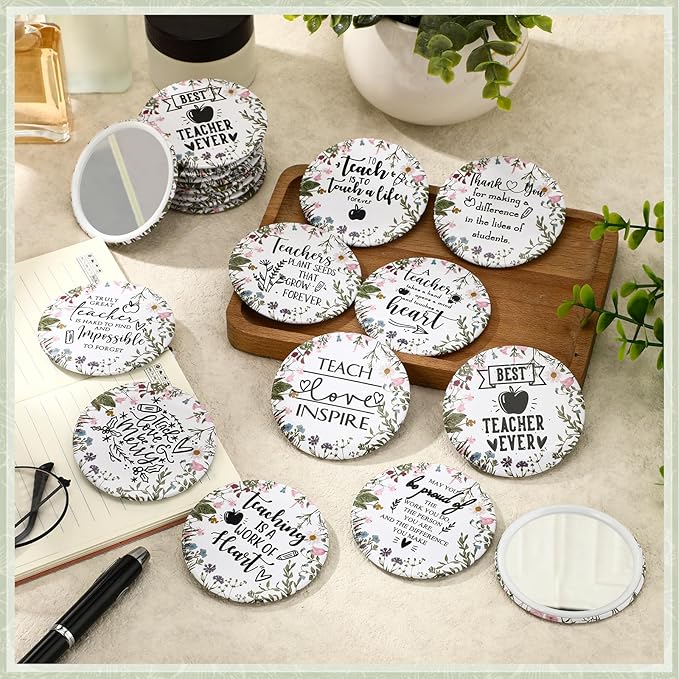 Geelin 20 Pcs Teacher Appreciation Gifts Bulk Mini Compact Makeup Mirrors Gift for Teacher Appreciation Week Graduation Team Group(Wildflowers Bottom)