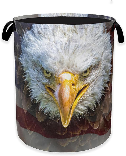 Bald Eagle Laundry Basket,Memorial American Flag Clothes Hamper,Oxford Cloth Collapsible Nursery Hamper Storage Organization for Bedroom,Bathroom,Office,College Dorms,16x20 Inch