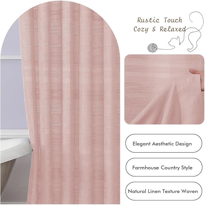OVZME Extra Long Pink Shower Curtain 96 Inch Long, Boho Linen Textured Soft Fabric Heavy Duty Cloth Bathroom Shower Curtain with Tassel, Tall Farmhouse Luxury Bath Decor, 72Wx96L Inches