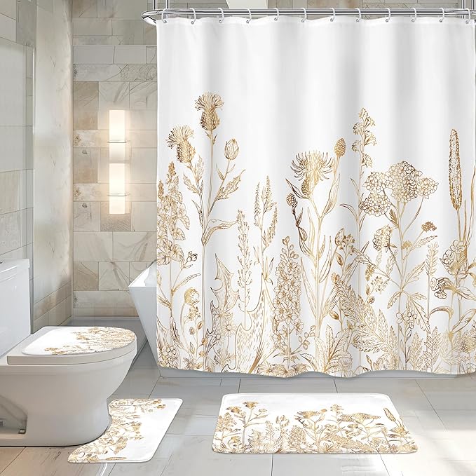 Riyidecor Vintage White Gold Floral Wildflower 4Pcs Bathroom Shower Curtain Sets Rustic Leaves Bathroom Decor Set with Rugs and Accessories Botanical Toilet Lid Rug, Contour and Bath Mat with 12 Hooks