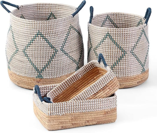 Laundry Hamper 4pcs with Handles, Natural Seagrass Woven Laundry Hamper Baskets for Home Organization - Bedroom, Bathroom, Laundry Room - Stackable for Clothes, Toys, Blankets 49L &29L & 10.7L & 7.6L