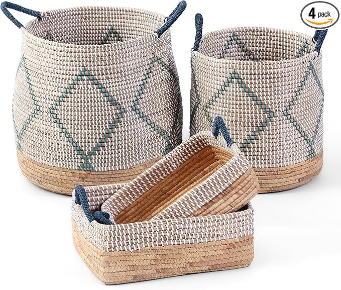 4 Pack Laundry Baskets Hamper, Storage Basket for Home Organizing, 50L Large Seagrass Blanket Basket, 30L Clothes Hamper with Handles, 10L & 8L Cube Woven Wicker Basket with Lid - Blue