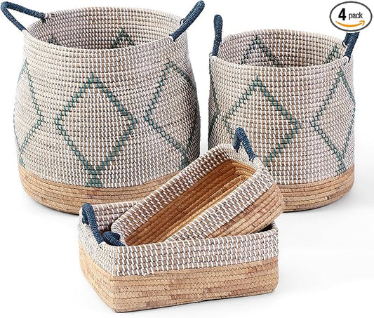 4 Pack Laundry Baskets Hamper, Storage Basket for Home Organizing, 50L Large Seagrass Blanket Basket, 30L Clothes Hamper with Handles, 10L & 8L Cube Woven Wicker Basket with Lid - Blue