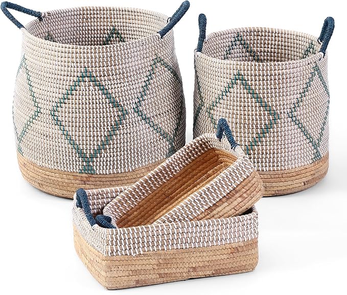 Laundry Hamper Storage Baskets, Woven Basket Decorative Baskets for Shelves, Basket for Gifts, Closet, Pantry, and Home Organization, Set of 4, Multi-Size