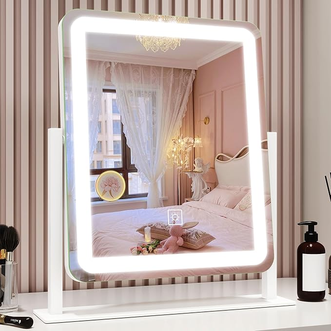 ROLOVE Vanity Mirror with Lights, 12.6"x15" LED Makeup Mirror with Lights, Smart Touch Control 3 Color Dimmable, Lighted Desk Mirror for Bedroom, Light Up Mirror