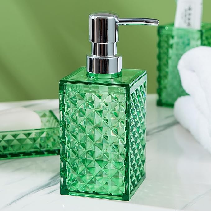 Bathroom Accessory Set, 4 PCS Green Bathroom Accessories Sets, Diamond Pattern Bathroom Soap Dispenser and Toothbrush Holder Sets Accessories Contain Soap Dish Tumbler, Boho Bathroom D??cor