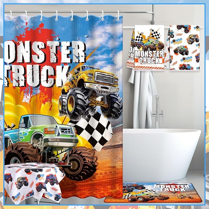 Nuanchu 6 Pcs Shower Curtain Set with Rug Monster Truck Bathroom Sets with Shower Curtain Bath Mat U Shaped Mat Toilet Lid Cover 2 Bath Towels and 12 Hooks Monster Truck Bathroom Decor