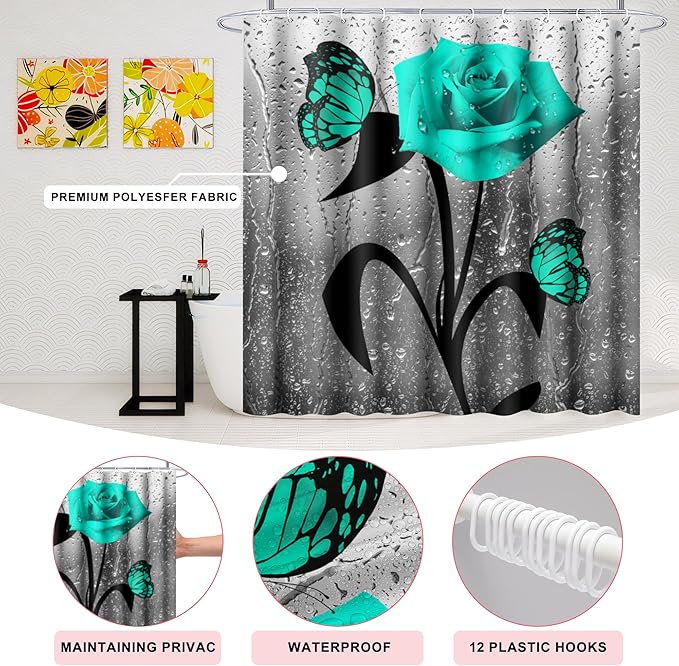Poedist 4 Pcs Bathroom Shower Curtain Set,Green Rose Bathroom Set, Shower Curtain Sets with Rugs(Bath Mat,U Shape and Toilet Lid Cover Mat) and 12 Hooks