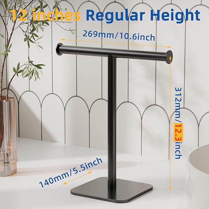 RUACQ T-Shape Hand Towel Holder Stand, Weighted Base Towel Rack, 12" Countertop Towel Holder for Bathroom, 304 Stainless Steel, Heavy Duty (Matte Black, 2 Pack)