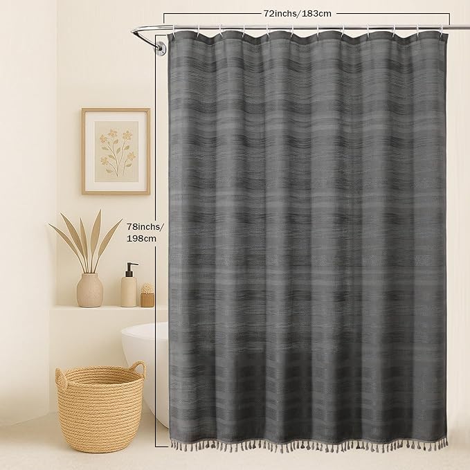 OVZME Charcoal Grey Shower Curtain 78 Inch Long, Boho Farmhouse Thick Striped Fabric Hotel Shower Curtain with Tassel, Minimalist Textured Weighted Machine Washable Bathroom Decor, 72Wx78L Inches