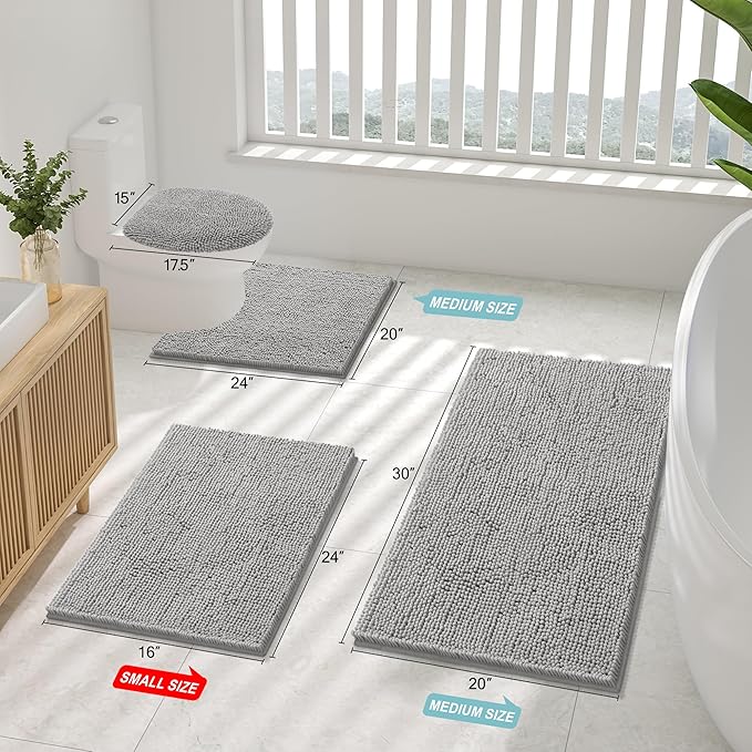 Smiry Luxury Chenille Bathroom Rugs 59x24, Extra Soft and Absorbent Shaggy Bath Mat, Machine Washable, Non-Slip Plush Carpet Runner for Tub, Shower, and Floor, Home Decor Accessories, Light Grey
