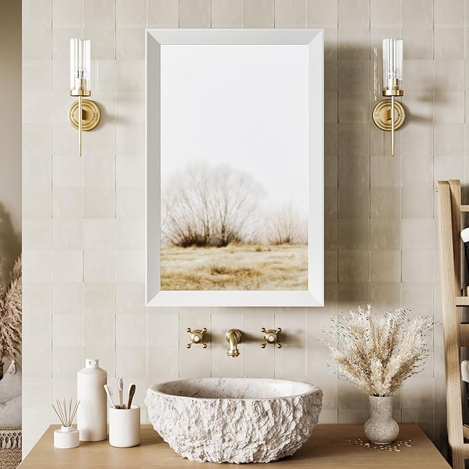 AGDULL Retro-Style Medicine Cabinet with 17’’x27’’ Solid Wood Mirror Frame, Bathroom Recessed Wall Cabinet, Living Room Wood Storage Cabinet, White
