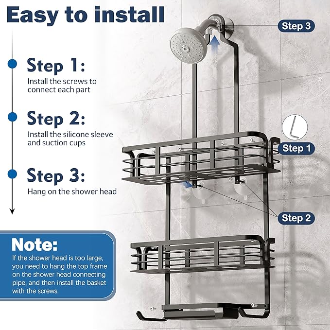 Shower Caddy Hanging, Never Rust Aluminum Shower Organizer, Over Showerhead No Drilling Shower Racks, with Soap Holder Multi Hooks Bathroom Storage for Shampoo Sponge,Silvery