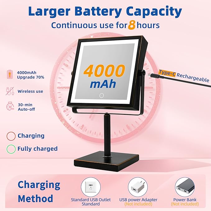 Ruacq Makeup Mirror with Lights, 4000mAh Rechargeable Magnifying Mirror with Light, 1X/10X, Height Adjustable Bathroom Vanity Mirror, 3 Colors, Adjustable Brightness (Oil Rubbed Bronze)
