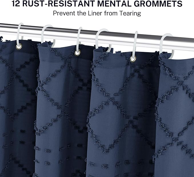 Extra Long Boho Farmhouse Shower Curtain Woven Fabric Navy Blue 84 Inch Curtain, 72 x Tufted Chevron Textured Striped Modern Minimalist Cloth Set with Hooks for Bathroom