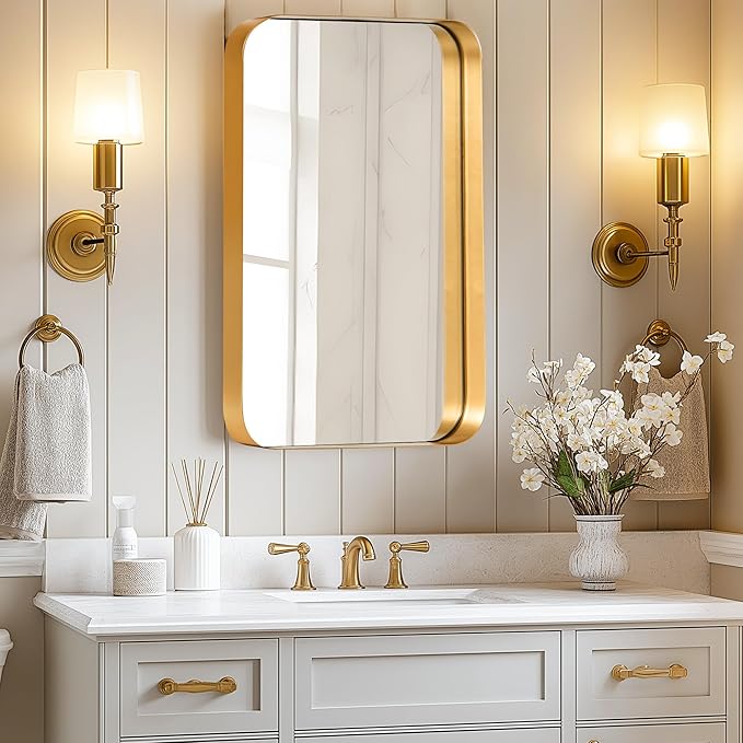 DlandHome Bathroom Medicine Cabinet with Mirror, 24”x16” Recessed Medicine Cabinet for Bathroom with Beveled Edge Mirror, Wall Mounted Deep Set Alumiunm Frame,Golden