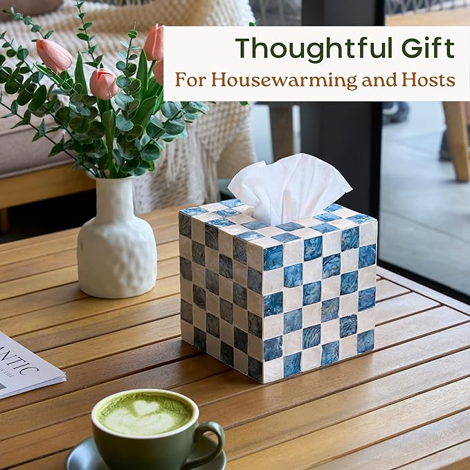 CHI AN HOME 5.7" Square Tissue Box Cover, Handmade Checkered Cube Tissue Box Cover with Capiz Shells, Decorative Tissue Holder for Living Room, Bathroom, Bedroom or Office (Navy Blue)