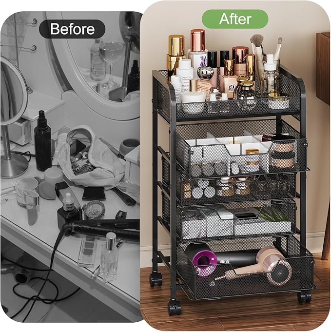 Makeup Cart Organizer with 4 Drawers, Vanity Storage Organizer, Large Floor Skincare Organizers Cosmetics Display Cases for Skin Care Perfume Nail Polish, Black