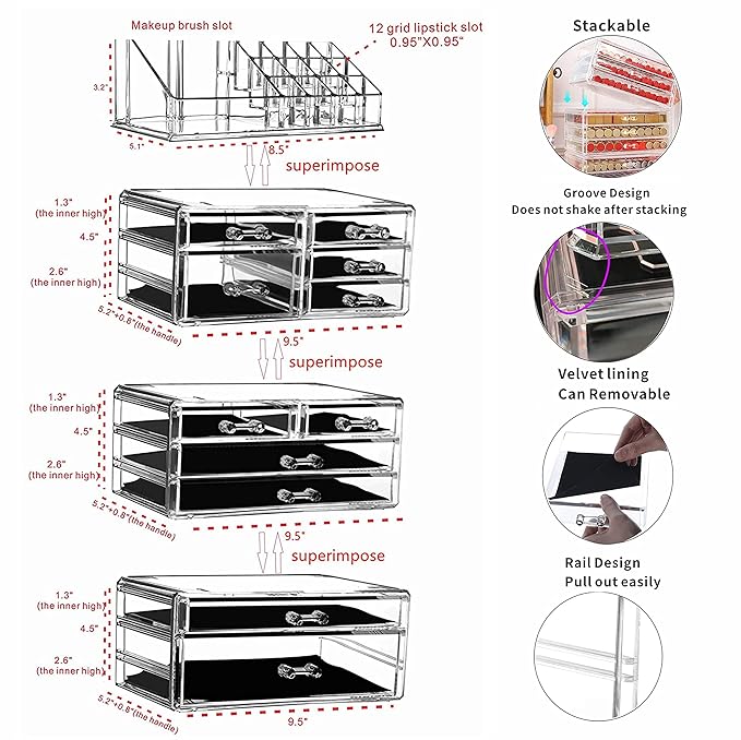 Cq acrylic 4 Pack Clear Makeup Organizer Countertop,Stackable 11 Drawers Skincare Organizer,Cute Skin Care Organizer for Vanity Hair Clip,Jewelry,Beauty Product Desk and Make Up Organizers for Vanity