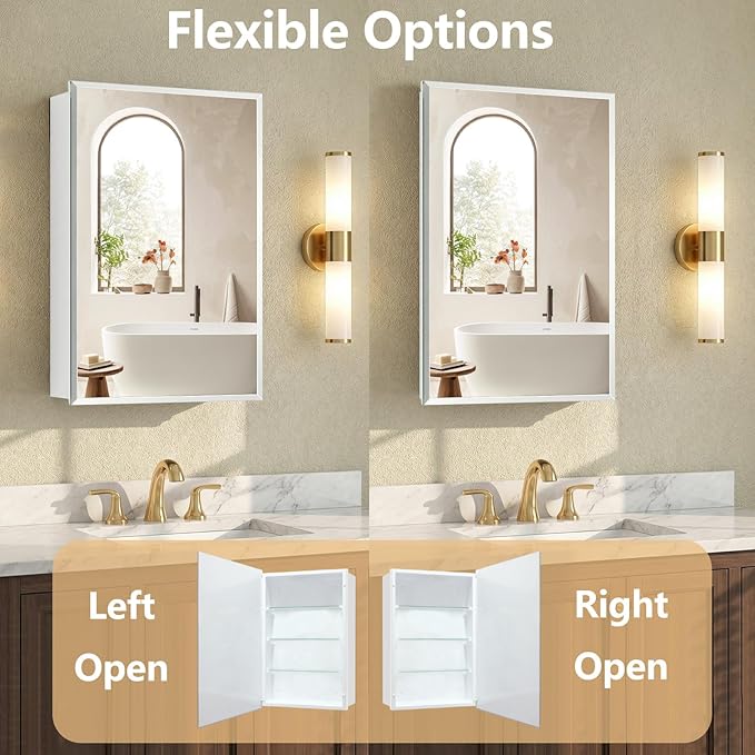 22x30 inch Frameless Beveled Mirror Medicine Cabinet - Waterproof Bathroom Storage Cabinet, Mirror Cabinet, Adjustable Shelves, Recessed or Surface Mount (White)
