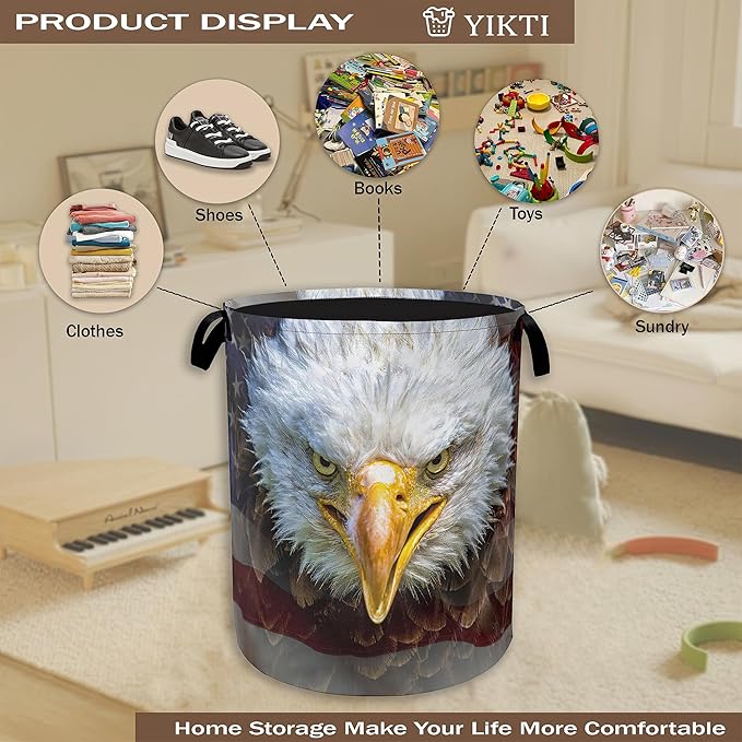 Bald Eagle Laundry Basket,Memorial American Flag Clothes Hamper,Oxford Cloth Collapsible Nursery Hamper Storage Organization for Bedroom,Bathroom,Office,College Dorms,16x20 Inch
