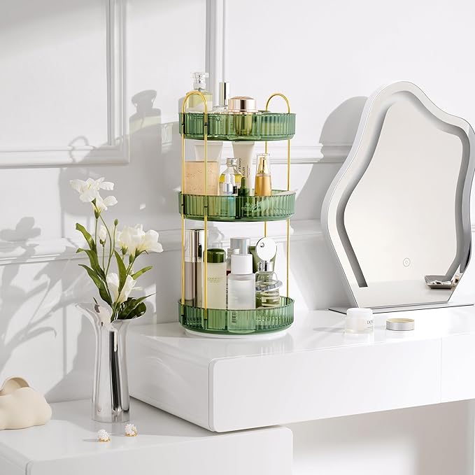 360-Degree Rotating Makeup Organizer, Cosmetic Storage Display Case for Bathroom Vanity Countertop, Skincare and Perfume Storage Organizers, Jewelry Dresser Organizer, 3-Tier, Green