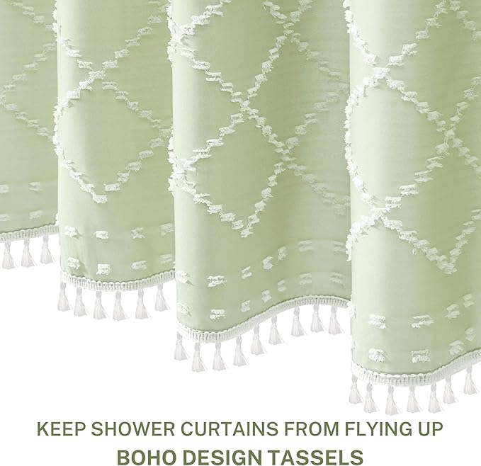 Boho Green Shower Curtain Woven Fabric Cute Shower Curtain with Tassel, 72 x 72 Tufted Chevron Textured Striped Modern Farmhouse Minimalist Cloth Shower Curtain for Bathroom