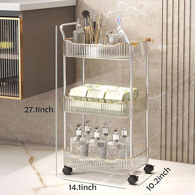 Acrylic Storage Trolley, Laundry Room Organization Mobile Shelves Bathroom Kitchen Rolling Utility Cart with Handle and Lockable Wheel(Clear,14.1x10.2x27.1inch)