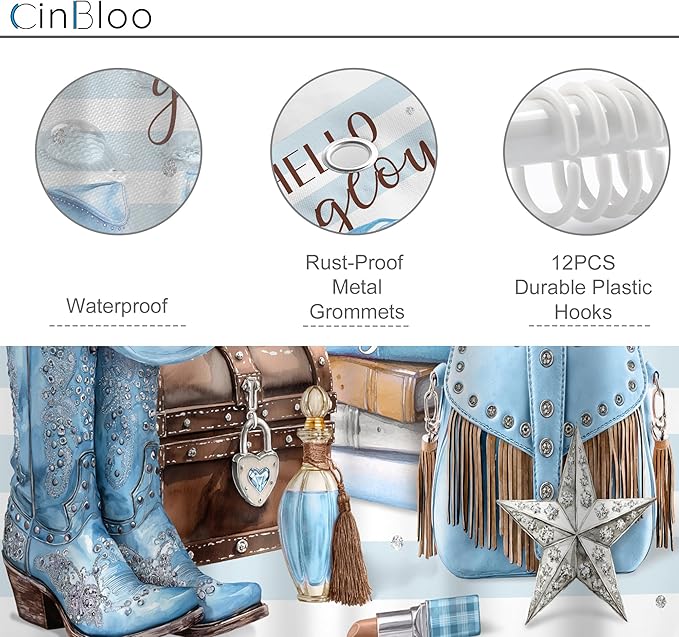 Cinbloo 4Pcs White Blue Brown Shower Curtain Set, Western Cowgirl Fashion Diamond Boots Striped Hats Bathroom Curtain with Rug, Toilet Lid Cover, Bath Mat, Women Girls Shower Curtain with 12 Hooks