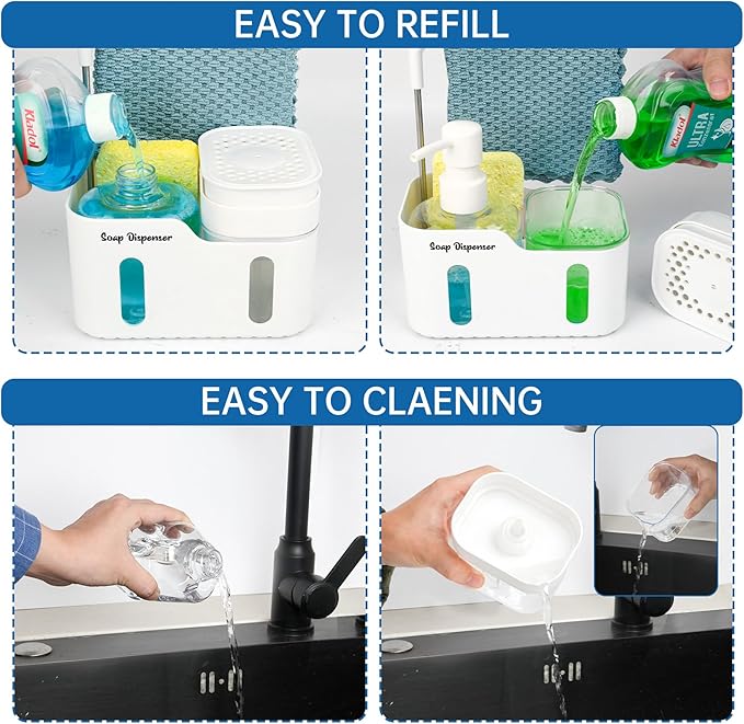 Hand Soap and Dish Soap Dispenser Set for Kitchen, Dual Soap Dispenser with Sponge Holder and Dishcloth Holder 4-in-1 Organizer for Kitchen Sink Countertop, Useful Kitchen Gadgets (White)