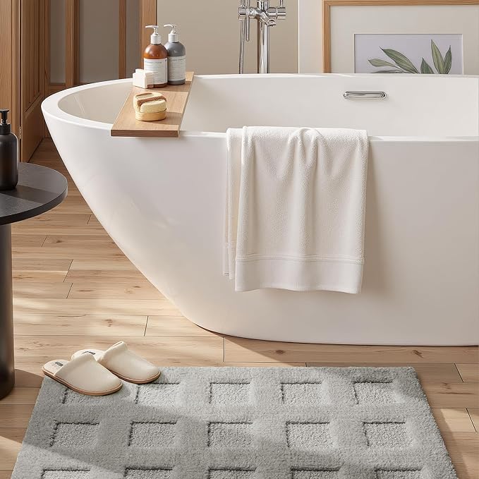 GRANNY SAYS Bathroom Rugs Non Slip Washable, Extra Soft & Water Absorbent Bath Mats for Bathroom, Plush Shaggy Bath Carpet, Grey Waffle Bath Mat Quick Dry for Tub & Shower, 16" x 24"