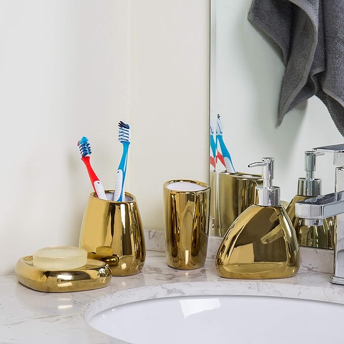 MyGift 4 Pcs Gold Bathroom Accessories Set with Toothbrush Holder, Soap Dispenser, Tumbler and Soap Dish, Bathroom Organizer Accessory for Modern Home Decor, Complete Ceramic