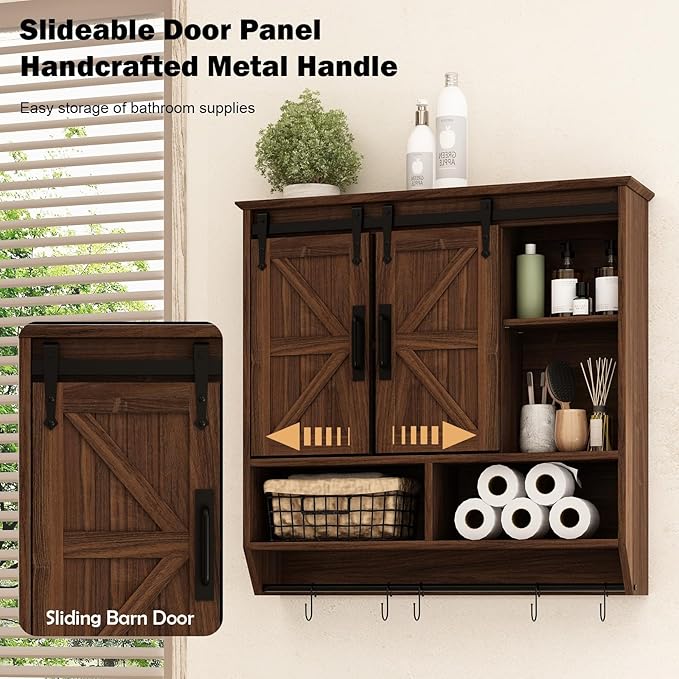 RUSTOWN Farmhouse Bathroom Wall Cabinet,3-Tier Rustic Wood Wall Mounted Cabinets,Vintage Medicine Cabinet with Sliding Barn Door and Adjustable Shelves,Over The Toilet Storage Cabinet (Dark Walnut)