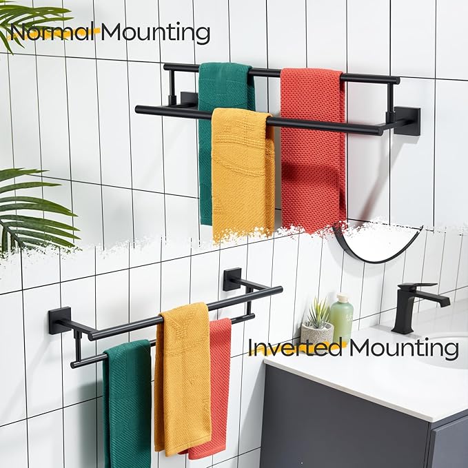 KOKOSIRI Bathroom Towel Bars 24-Inch Double Towel Rails Matte Black Towel Holder for Kitchen Garage Wall Mount Stainless Steel B5009BK-L24