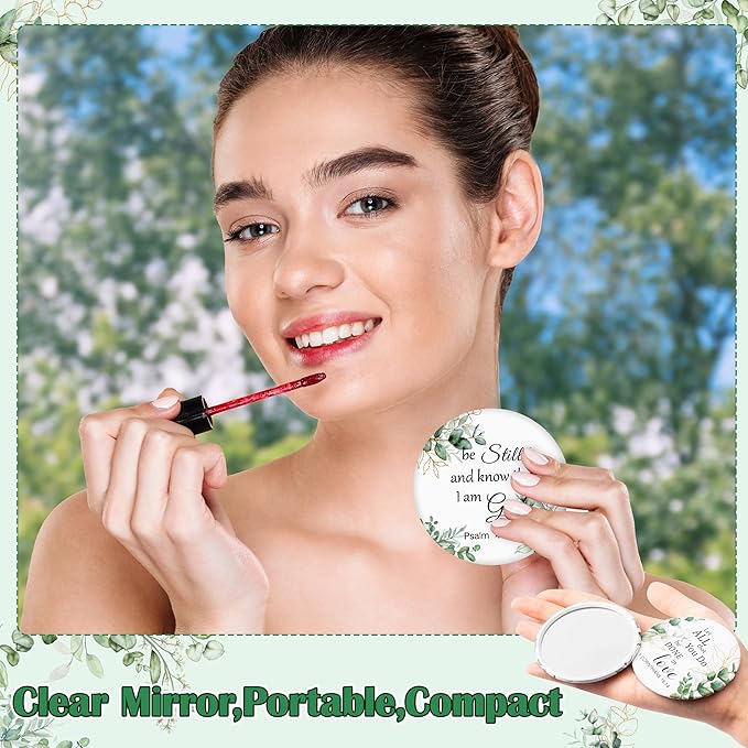 Y1tvei Leaves Bible Compact Mirrors - 36Pcs Green White Leaf Christian Gifts Bulk Bible Verse Mini Compact Mirrors Inspirational Portable Round Pocket Makeup Mirror for Women Friends Purse Church