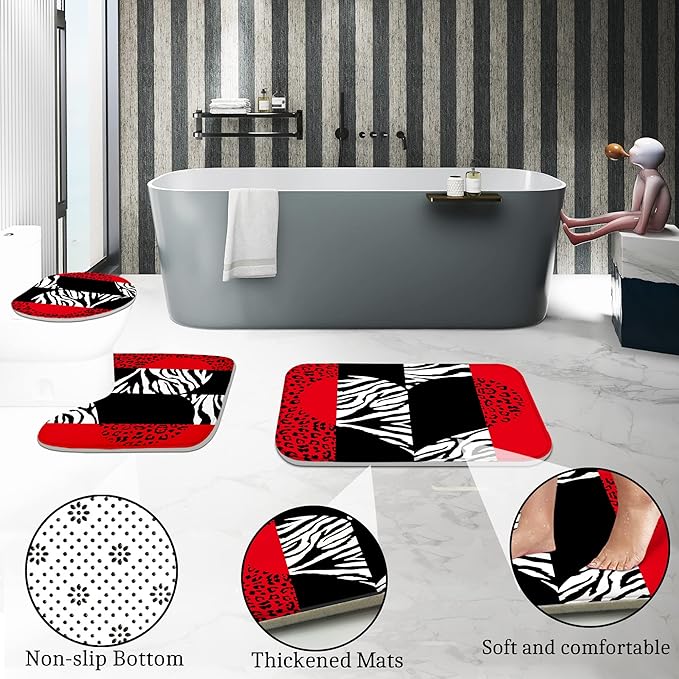Poedist 4 Pcs Bathroom Curtain Set, Red Leopard Print Shower Curtains with Bright Style, Rugs (Bath Mat, U Shape, Toilet Lid Cover Mat) and 12 Hooks