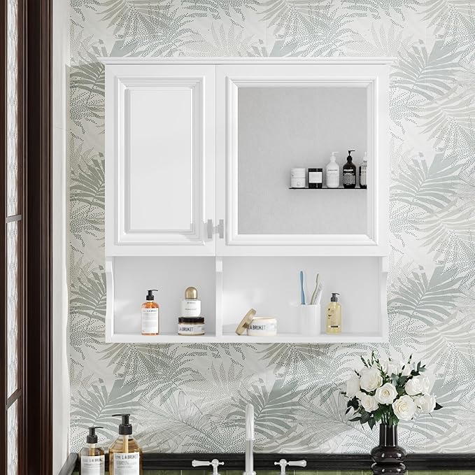 Merax Bathroom Wall Cabinet with Mirror, Wall Mounted Medicine Cabinet with Adjustable Shelves and Open Spaces, 30" x 28" Mirrored Door Over The Toilet Bathroom Storage Cabinet