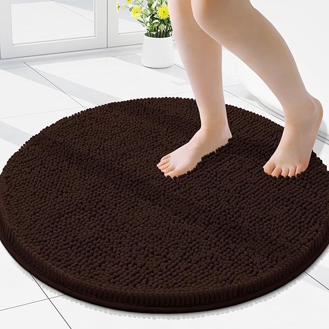 Smiry Luxury Chenille Round 24x24, Extra Soft and Absorbent Shaggy Bathroom Mat Rugs, Machine Washable, Non-Slip Plush Carpet for Tub, Shower, and Bath Room, Brown