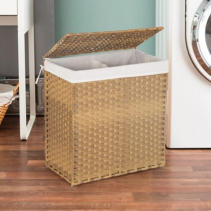 Paylesshere Laundry Basket Handwoven Laundry Hamper 90L/110L Foldable Rattan Laundry Hamper With Lid,2 Removable Liner Bags & 6 Bags,Clothes Bathroom Basket,Natural