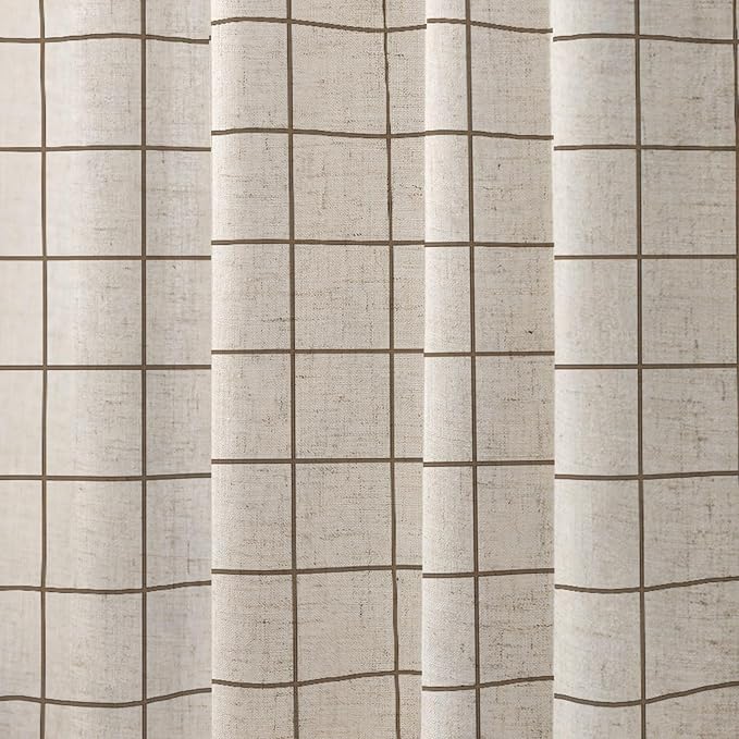 Farmhouse Plaid Shower Curtain Beige Linen Shower Curtains for Bathroom Natural Beige Pattern 72 x 72 Inch