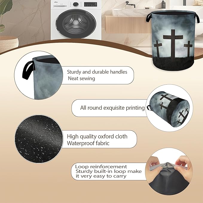 Three Wood Crosses Laundry Hamper,Easter Collapsible Laundry Baskets,Waterproof Oxford Cloth Laundry Room Organization for Bedroom,Bathroom,Nursery,16x20 Inch